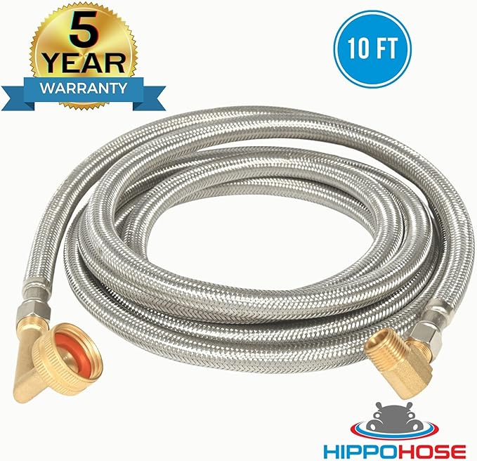 Dishwasher Water Hose Kit (10 FT) - Universal Fit to All Dishwasher Brands - Braided SS Dishwasher Water Supply Line - 3/8" Comp x 3/8" Elbow & All Fittings Included