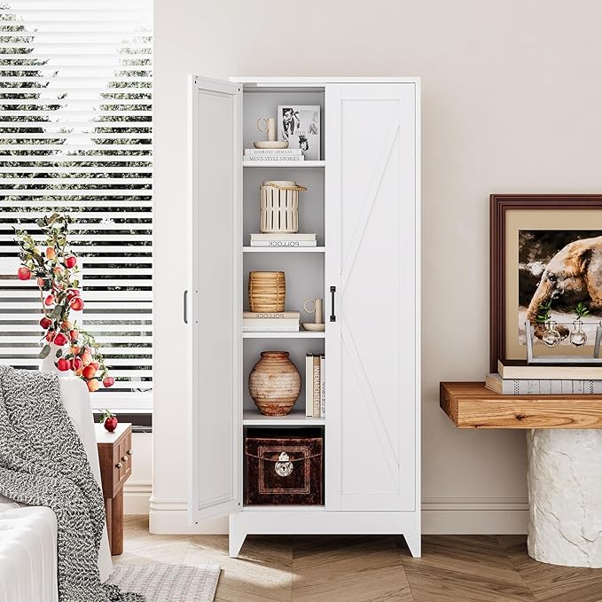 White Tall Farmhouse Metal Pantry Linen Storage Cabinet and Organizers - Cupboard 75" H x31.5 W x15.7 D Rustic Hutch Cabinet Bookcase with Doors and Adjustable Shelves for Home Office