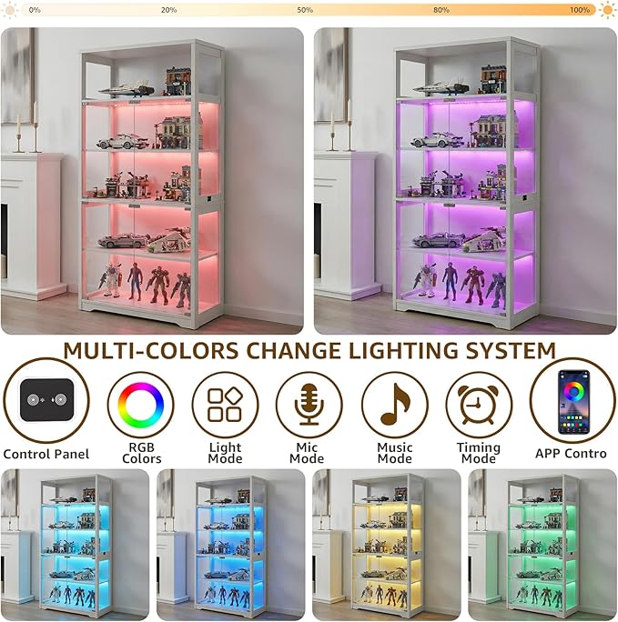 70.8" H Glass Display Cabinet - 5-Tier Curio Cabinet with RGB LED Lights for Collectibles - Large Glass Display Case with Human Body Sensor for Bedroom Living Room Office - White