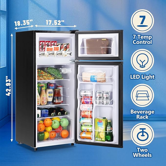4.5 CU.FT Capacity Compact Refrigerator with Freezer Double Door Mini Fridge Small Apartment Refrigerator with 7 Adjustable Temp Control & 3 Glass Shelves for Kitchen Office Dorm Black