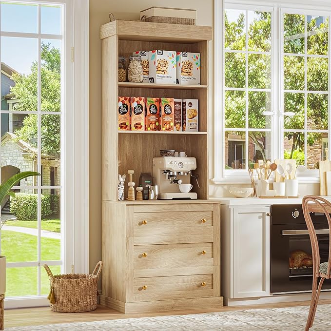 71" Tall Farmhouse Kitchen Pantry, Large Storage Cabinet with Drawers, Freestanding Coffee Bar Hutch with Microwave Stand, Adjustable Shelves for Kitchen, Living Room, Brown 3 Pcs