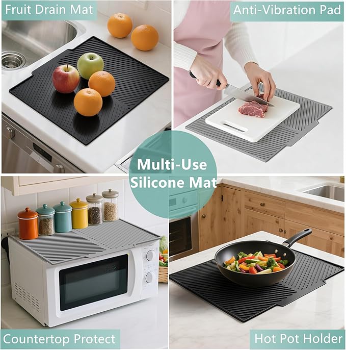 Dish Drying Mat, Silicone Dish Drying Mat for Kitchen Counter, Dish Drainboard with Built-in Drain, Non-silp, Heat Resistant, Dishwasher Safe (Gray, 20"x17")