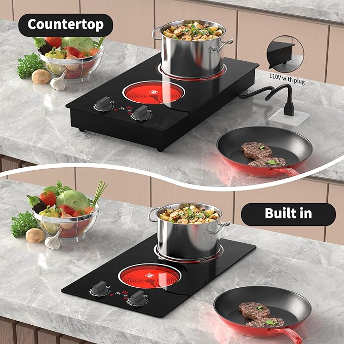 Electric Cooktop,110V 2100W Stove top,Countertop and Built-in 2 burner cooktop,9-speed power, child safety lock, timer, knob and touch control 2 burner Electric cooktop