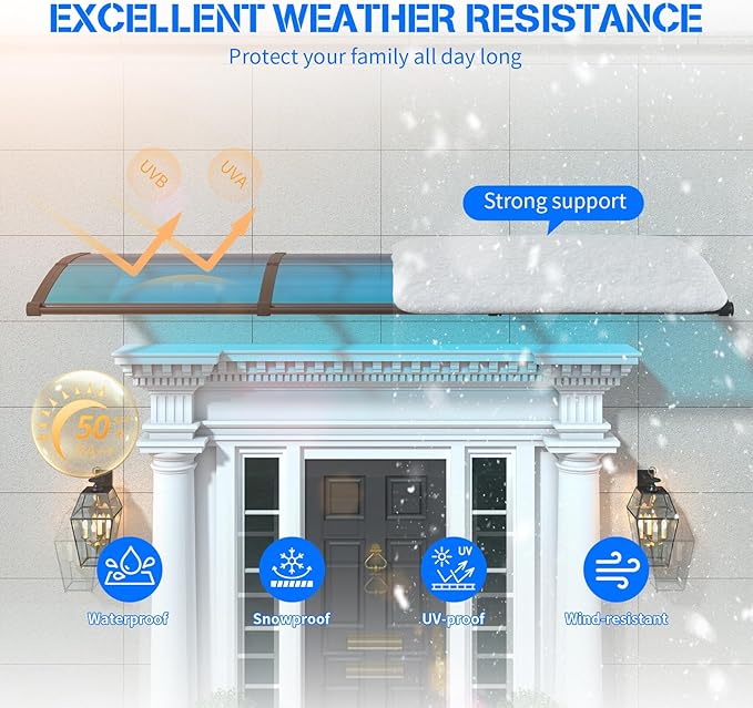 Awning for Door Entrance with Drainage Sink,40x48 Inch Awnings for Doors,Window Canopy Exterior with Plastic Steel Bracket,Polycarbonate Cover,UV,Rain,Snow Protection for House,Porch,Patio,Deck