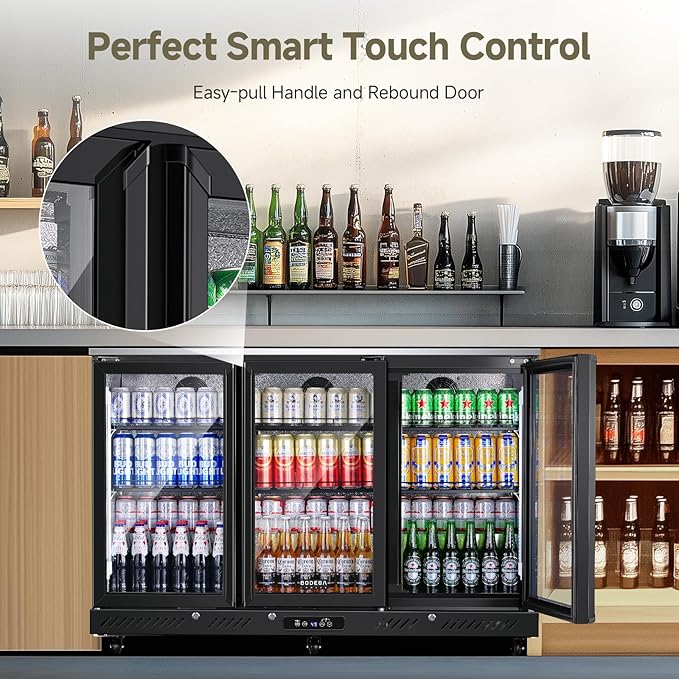 BODEGACOOLER Commercial Bar Cooler With 3 Glass Doors,12 Cu.Ft Counter Height Back Beverage Refrigerator,Display Bar Fridge with LED Lighting,Beverage Cooler for Beer Stainless Steel Top,With Casters