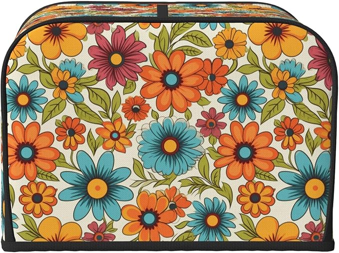 4 Slice Toaster Cover for Kitchen Hippie Flower Retro Waterproof and Dustproof Toaster Dust Cover with Side Pockets Decorative Universal Cover for Wide Slot Toasters and Small Appliances
