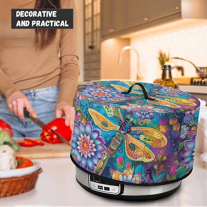 Bohemian Dragonfly Lotus Flower Print Slow Cooker Dust Cover Protective with Pocket Keep Appliance Clean Fit Most 6-8 Quart Crock Pot Kitchen Appliance Organizer Kitchen Accessories