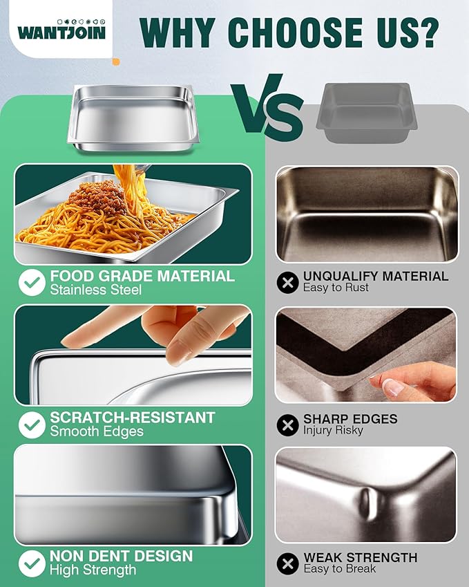 WantJoin Steam Table Hotel Pans 1/1 Full Size 2.5 Inch Deep 6 Pack, Stainless Steel Metal Tray Sets Food Storage Container for Restaurant Chafing Dishes Commercial Buffet Warmer Catering Supplies