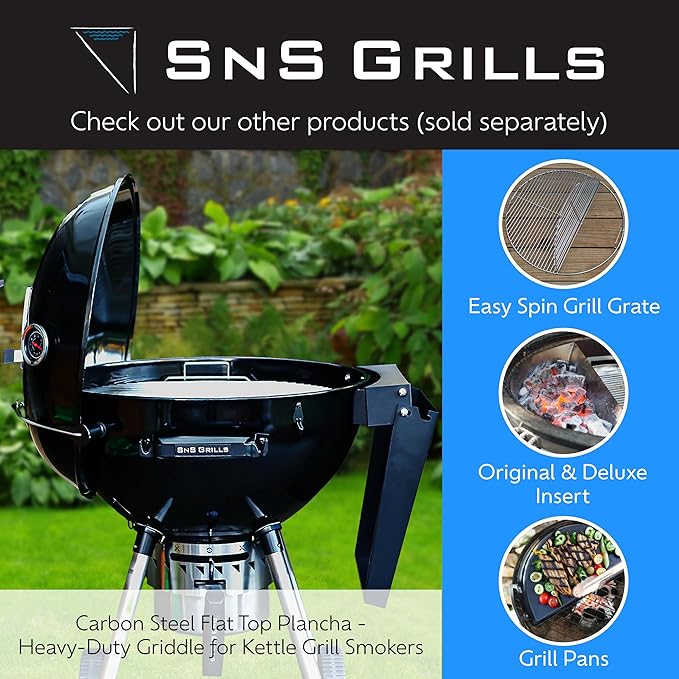 SnS Grills Slow 'N Sear Carbon Steel Flat Top Plancha - Heavy-Duty Griddle for Outdoor Grilling, Perfect for Smash Burgers, Breakfast, and Hibachi-Style Meals - Fits 18” Kettles
