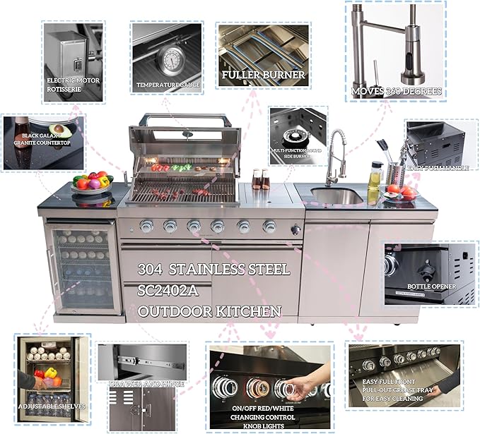 104 Inches 4-Burner 85,000 BTU Deluxe Stainless Steel Propane Gas Grill Outdoor Kitchen Island,Sink,Storage Cabinet and Beverage Refrigerator Storage&Drawers for Patio Backyard Cooking,Silver