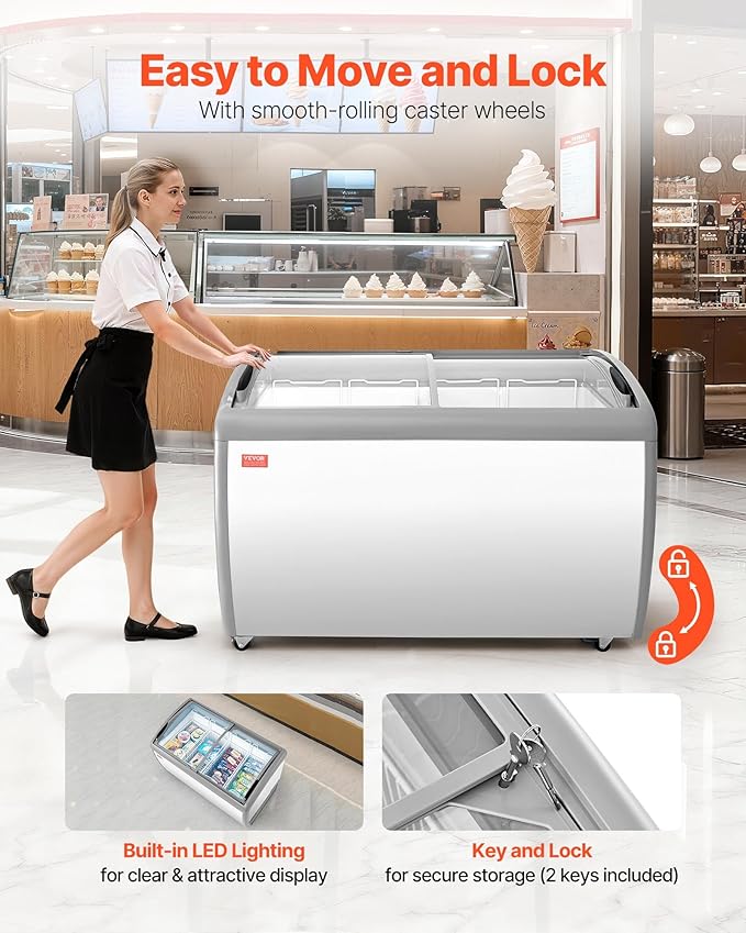 VEVOR Commercial Ice Cream Display Case, 12.8 Cu.ft Chest Freezer, -19 to 3℉ Temp Adjustable Mobile Top Deep Freezer with 4 Wire Baskets, 2 Sliding Glass Doors, Locking Casters & LED Strip Lighting