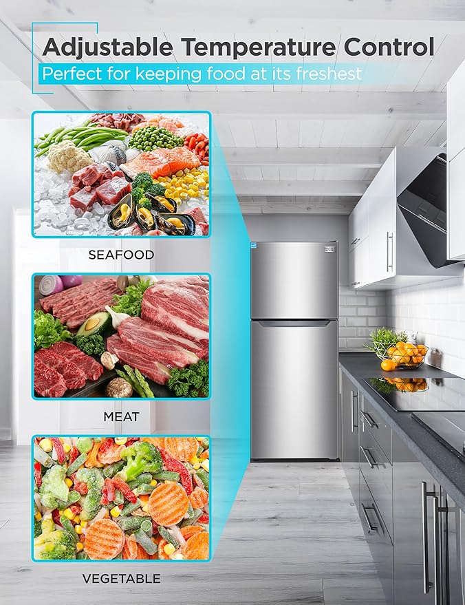 BLACK+DECKER 12.1 Cu. Ft. Top Mount Refrigerator with Freezer, 2 Door Refrigerator with Top Freezer and Adjustable Temperature Control, ENERGY STAR, BR1210HS, Stainless Steel Look