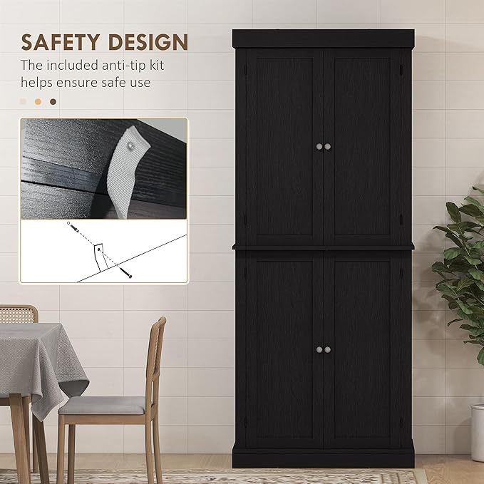 HOMCOM 72.5" Tall Kitchen Pantry Cabinet, Freestanding Modern Farmhouse Kitchen Storage Cabinet with 4 Doors and 2 Adjustable Shelves for Dining Room, Black Wood Grain