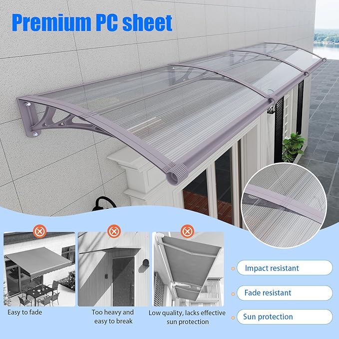 Awning for Door Entrance with Drainage Sink,32x60 Inch Awnings for Doors,Window Canopy Exterior with Plastic Steel Bracket,Polycarbonate Cover,UV,Rain,Snow Protection for House,Porch,Patio,Deck