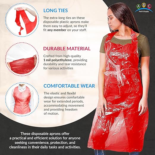 ABC PACK & SUPPLY Red Plastic Disposable Aprons Adults for Painting, 28 x 46 Inches. Pack of 500 Disposable Plastic Aprons, 1 Mil. Unisex Waterproof Polyethylene Painting Apron for Food Industry