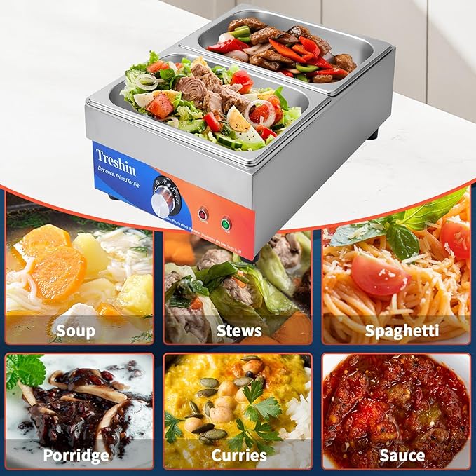 Treshin 2 Pan Commercial Food Warmer, Stainless Steel Bain Marie Food Warmers Steam Table 15 Qt 1200W with Temperature Control & Lid for Home, Catering, Restaurants