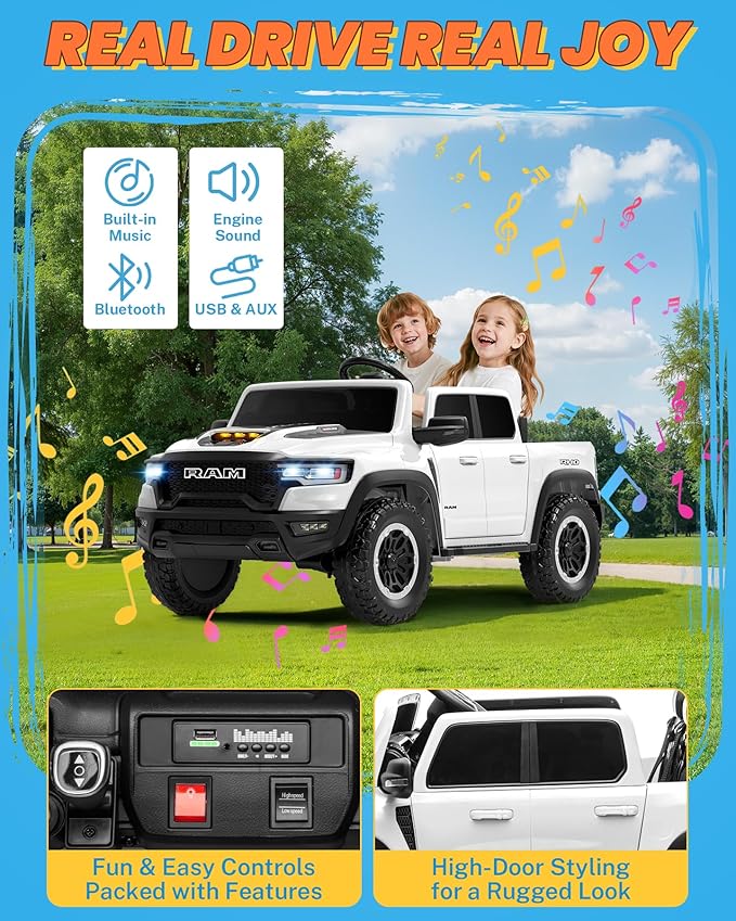 ENYOPRO 24V Ride on Toys for Big Kids, Licensed RAM 1500 RHO 2 Seater Toddler Ride on Car w/Remote Control, Kids Electric Car w/Truck Bed Storage, Real Tailgate, Music, LED Lights (White - High Door)