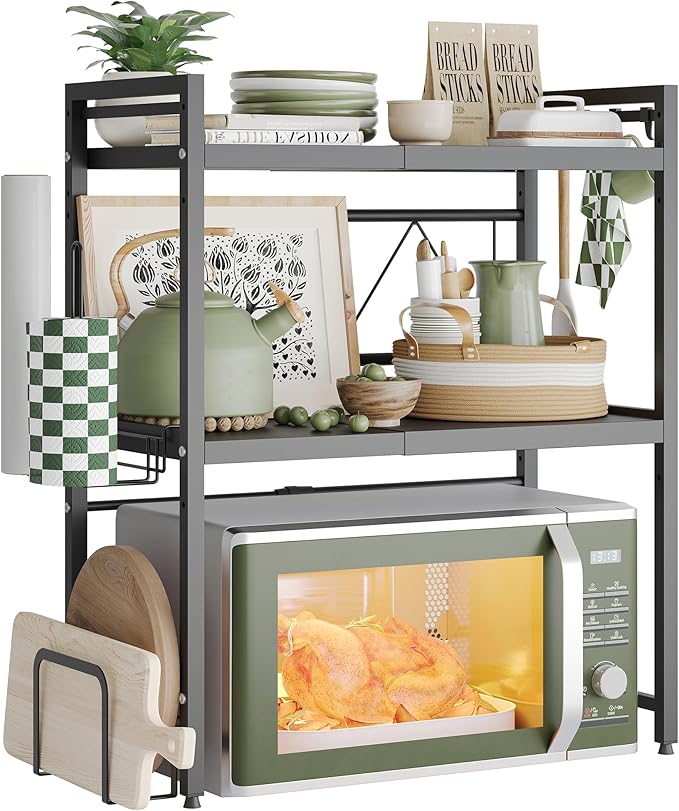 NETEL Expandable Microwave Stand,3 Tier Metal Kitchen Countertop Organizer Shelves with Paper Towel and Chopping Board Holder,Bakers Rack,Microwave Shelf,Microwave Oven Rack,110lbs Weight Capacity