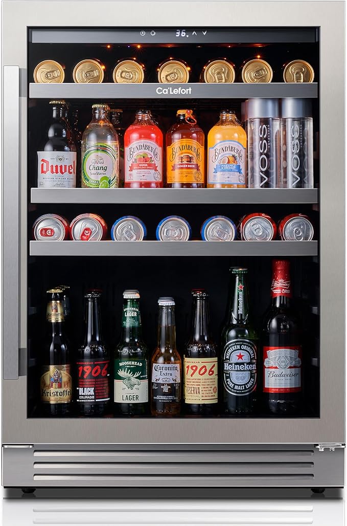 Ca'Lefort 24 Inch Beverage Refrigerator, 180 Can 34°F -54°F Beverage Fridges, Drink Fridge with Glass Door 3 LED Beverage Coolers Built in or Freestanding, Perfect for Home/Kitchen(Right-Hinged)