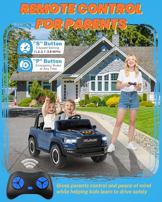 ENYOPRO 24 Volt Ride on Toys for Boys, Licensed RAM 1500 RHO 2 Seater Electric Car w/Remote Control, Kids Electric Vehicles w/Working Truck Tailgate, Spring Suspension, Bluetooth, LED Lights (Blue)