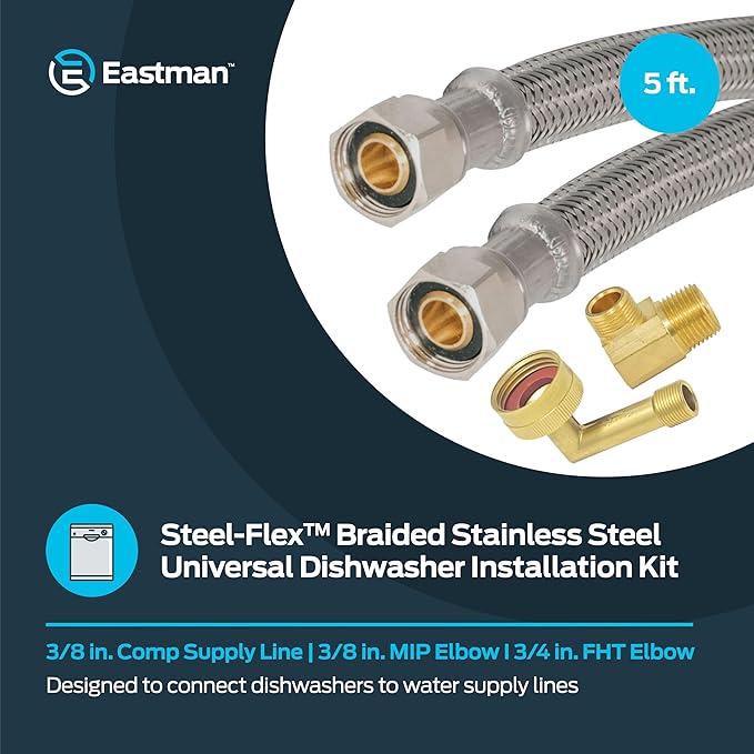Eastman 5 Ft. Dishwasher Installation Kit, Braided Stainless Steel Supply Line with 3/8 Inch Compression Ends, 41041