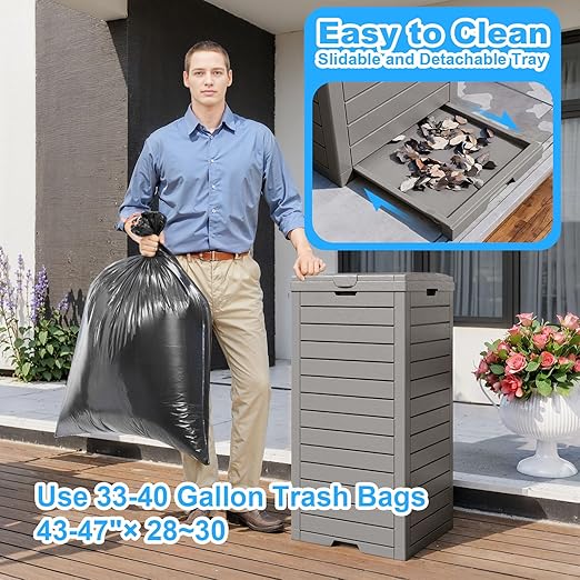 Outdoor Trash Can with Lid, Outdoor Trash Bin & Pull-Out Liquid Drawer, Dual Lid Closure Design, Waterproof Resin Garbage Can Container for Patio, Backyard, Deck (Grey, 38 Gallon)