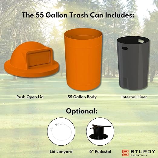 Campus Collection 55 Gallon Round 100% Recycled Plastic Heavy Duty Indoor or Outdoor Trash Can with Push Open Dome Lid and Internal Liner | Great for Schools and Businesses - Orange