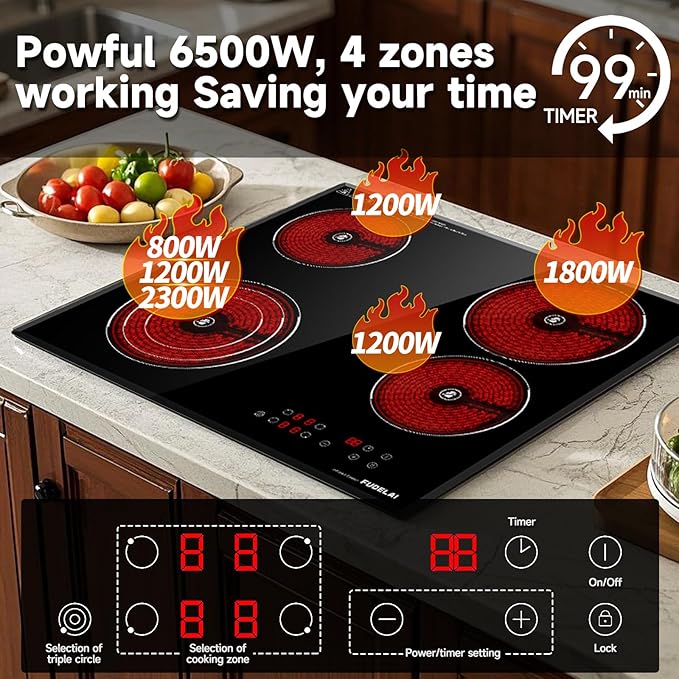 24 Inch Electric Cooktop 4 Burners,6500W 24" Electric Ceramic Cooktop with Child Lock & Auto Safety, Built-in/Countertop Infrared Cooker, 9 Power Levels, Easy-Clean Glass (No Plug)