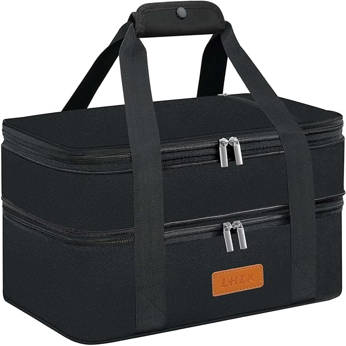 LHZK Double Insulated Casserole Carrier, Expandable Casserole Carriers for Hot or Cold Food, Insulated Food Carrier for Travel, Parties, Picnic, Fits 11 x 15 or 9 x 13 Baking Dish (Black)