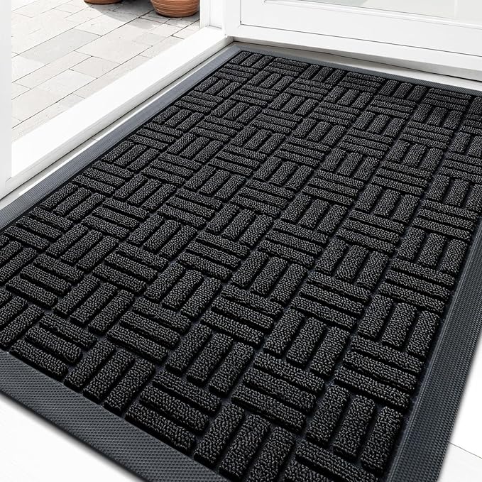 OLANLY Front Door Mat Outside Entrance 35x23, Absorbent, Heavy Duty Sturdy Natural Rubber Doormat Indoor Outdoor, Stain and Fade Resistant, Non-Slip Backing Low Profile Floor Mat for Entryway, Black