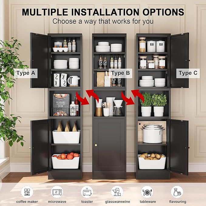 Tall Bathroom Storage Cabinet, Metal Narrow Cabinet with Ajustable Shelves Open Countertop, Slim Pantry Cabinets for Small Spaces, Living Room, Kicthen, Dining Room