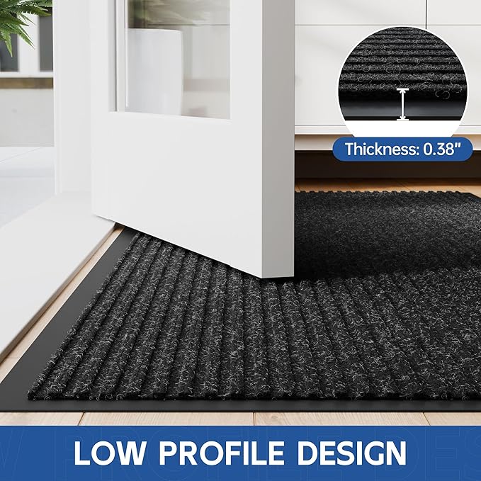 Front Door Mat, 4' x 3' Heavy Duty Indoor Outdoor Door Mat Entrance, Commercial Welcome Mats, Stain and Fade Resistant, Durable Rubber Backing, Low Profile Entry Mat for Patio, Black Stripe