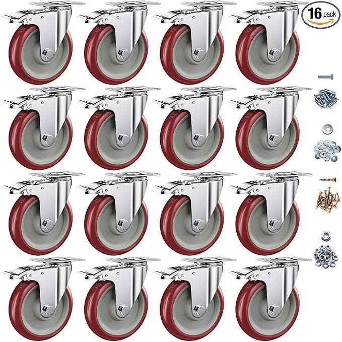 5 Inch Heavy Duty Casters with Brake - Set of 16, 1400lbs Capacity, Double Ball Bearing Non-Marking Caster Wheels, Plate Mount for Furniture, Cart, Workbench, Tool Cabinet, Garage Storage (16 Pack)