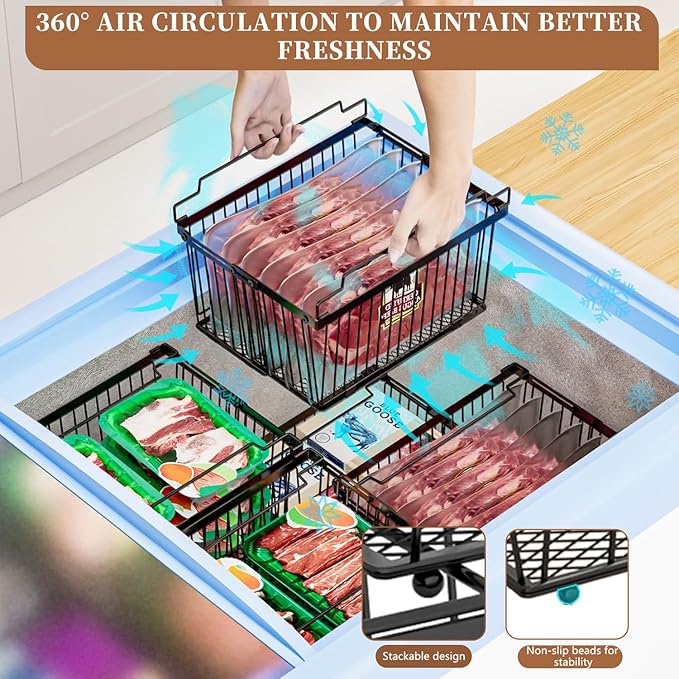 Large Freezer Organizer Bins，Upgraded Bottom Leak-Proof net，Fit 5 to 9 Cu Ft Chest Freezer，5 Pack， Expandable Stackable Chest Freezer Containers with Handle (Black-5P)