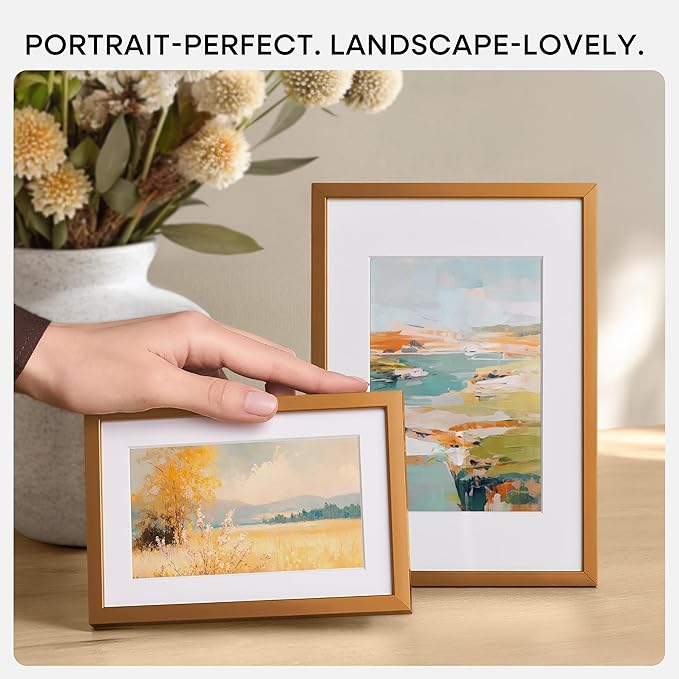 Homeforia 8x8 Picture Frames Bronze, High End Metal 8 x 8 Square Photo Frame with Mat 6 by 6, 8x8 Brass Frame Matted to 6x6 inch Print, 8by8 Wall or Tabletop Frames, Tempered Glass, Wall Kit, Set of 2