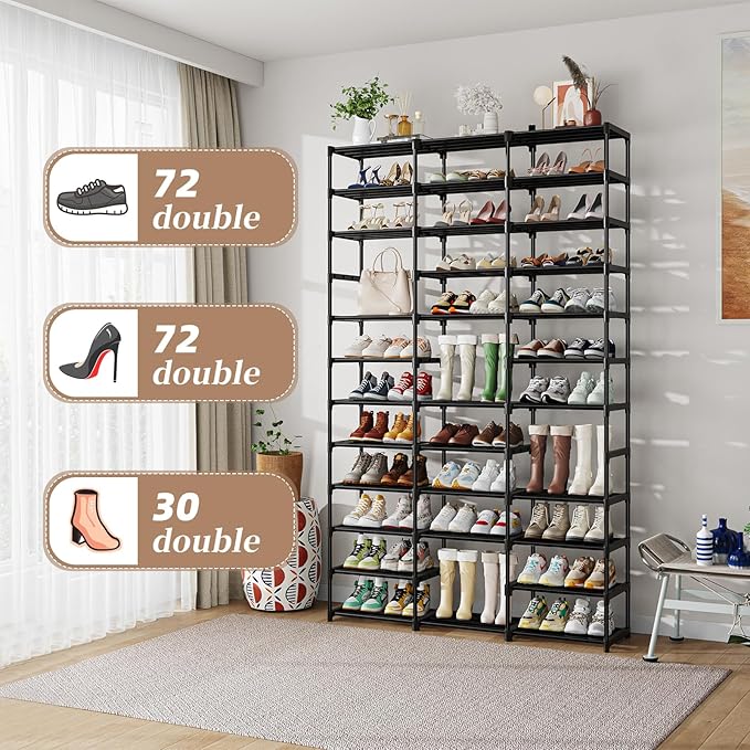 Shoe Rack Large Capacity 72 Pairs Tall Shoe Shelf, 3 Row 12 Tiers Sturdy Metal Shoe Organizer for Entryway, Closet, Bedroom, Black