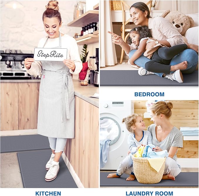 StepRite Kitchen Mats, Kitchen Rugs Sets of 2, Cushioned Anti Fatigue Kitchen Mats for Floor, Non-Slip Standing Desk Mat, Water Resistant Kitchen Rug Set for Home, Kitchen, 17.3"x30"+17.3"x70", Grey