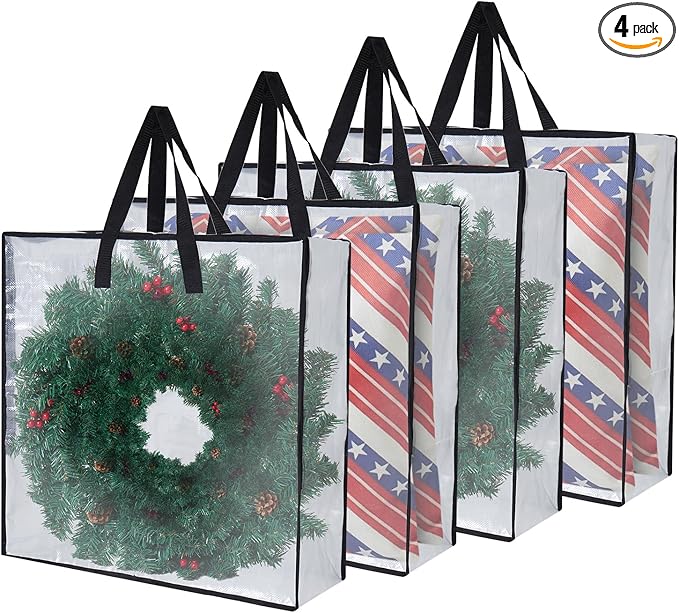 Heavy-Duty Clear Wreath Storage Bag & Sturdy Moving Box Alternative – 26 Inch Large Capacity Container with Zipper for Christmas Decorations, Seasonal Wreaths, Clothes, Bedding,Gift (4-Pack)