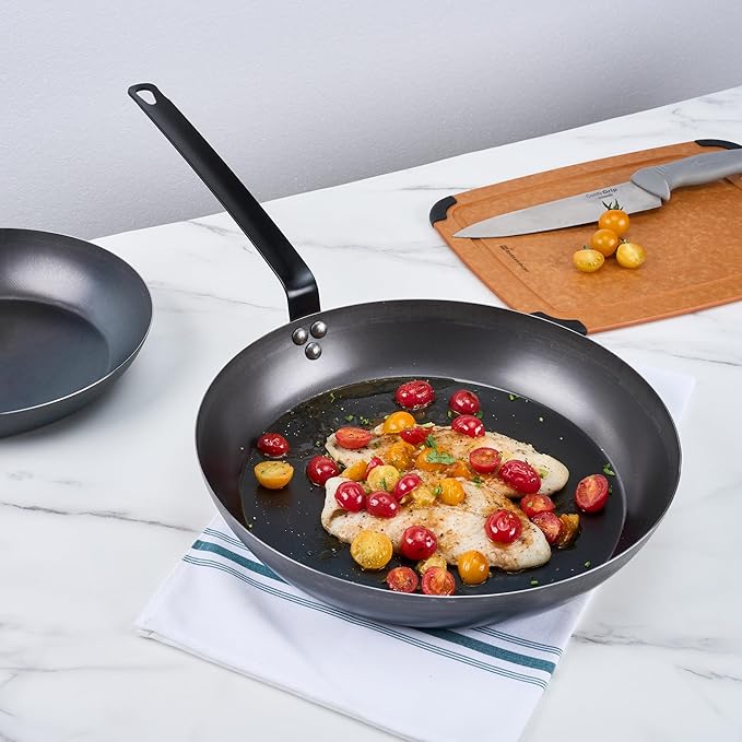 Restaurantware-Met Lux 14 Inch Fry Pans, 6 Lightweight Frying Pans - Induction-Ready, Triple-Riveted, Black Carbon Steel Cooking Skillets, Durable, For Searing, Sauteing, And Browning Food