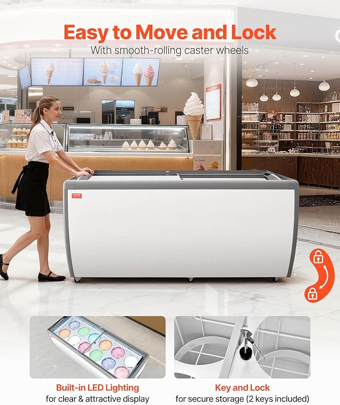 VEVOR Commercial Ice Cream Display Case, 20 Cu.ft Chest Freezer, Restaurant Gelato Dipping Cabinet Top Deep Freezer with Locking Casters, Sliding Glass Door, LED Lighting, Hold 12 Ice Cream Tubs