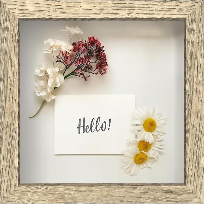 FrameWorks 8x8 Driftwood Wooden Shadow Box Frame – Soft Felt Back, Tempered Glass, and Included Elegant White Ball Push Pins