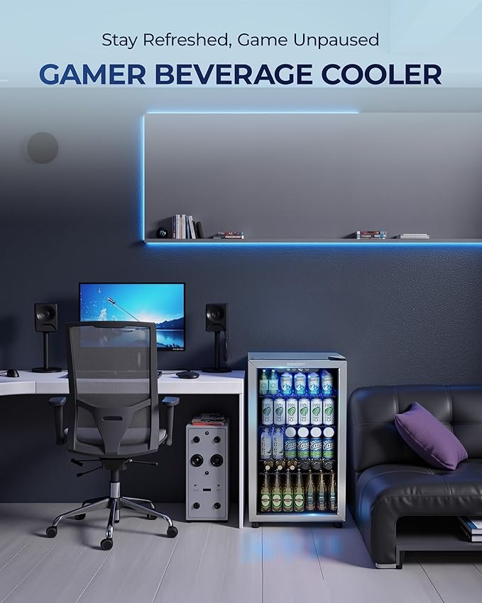 EUHOMY Beverage Refrigerator and Cooler, 128 Can Mini fridge with Glass Door, Small Refrigerator with Adjustable Shelves for Soda Beer or Wine, Perfect for Home/Bar/Office, Silver