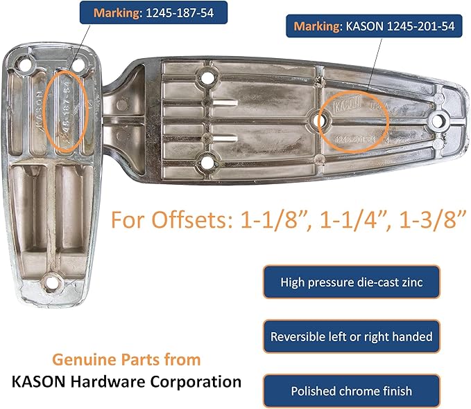 Kason 1245-187-54 Reversible Cam-Rise Hinge Chrome Finish for Freezer/Cooler/Refrigerator, 1245-201-54 (1-3/8" Offset)