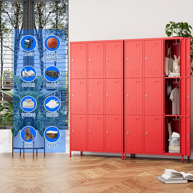 METAN Metal Locker for School Office Gym Bedroom,9 Doors Steel Storage Lockers Cabinet for Employees,Industrial Storage with Padlock,Assembly Required,Red