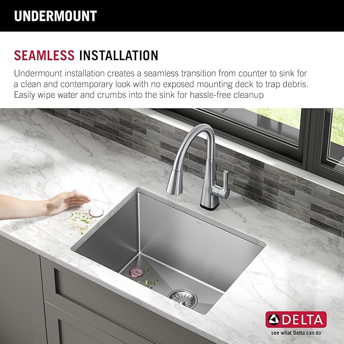 DELTA FAUCET Delta Lenta 24-inch Undermount 16 Gauge Stainless Steel Single Bowl Laundry Utility Kitchen Sink with Accessories, 953034-24SL-SS, Satin