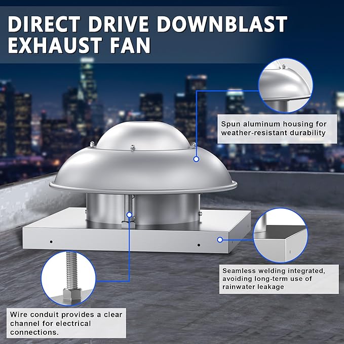 Roof Mounted Exhaust Fan Direct Drive Axial Downblast Exhaust Fan -19" Fan Base, 1/30 HP 500 CFM 115 Volt Single Phase Motor