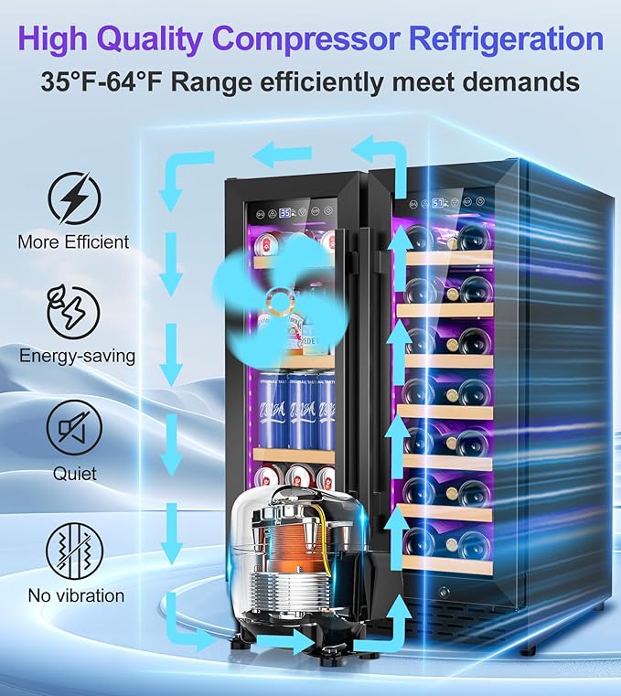 24'' Wine and Beverage Refrigerator, 4.5 Cu. Ft. Dual Zone Wine Fridge with RGB Lights French Door Intelligent Control Advanced Compressor Under Counter Cooler for Outdoor Kitchen Bar Gift Black
