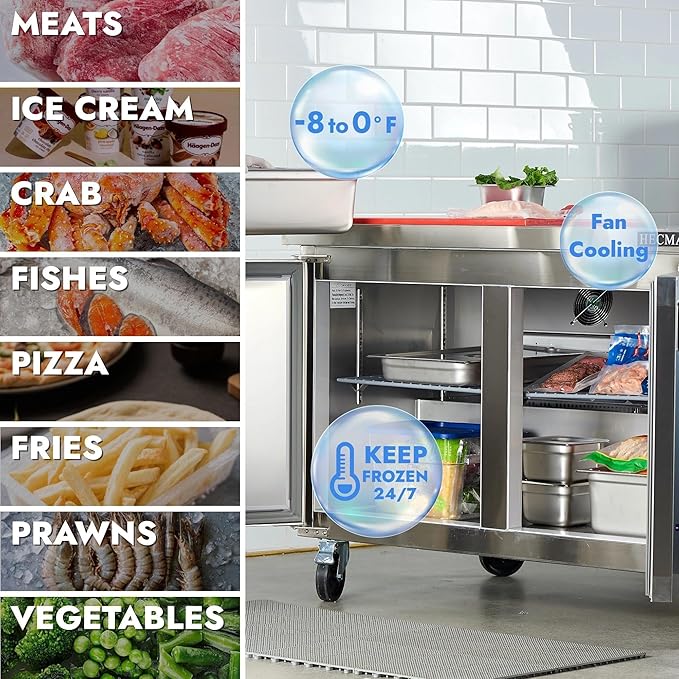 HECMAC 48" Commercial Freezer, 12.96 Cu.ft Worktop Undercounter Fridge with 2 Solid Door, -8~0℉, 18-8 Stainless Steel Interior, ETL&NSF/ANSI 7 for Restaurant, Bar, Shop, Kitchen Use