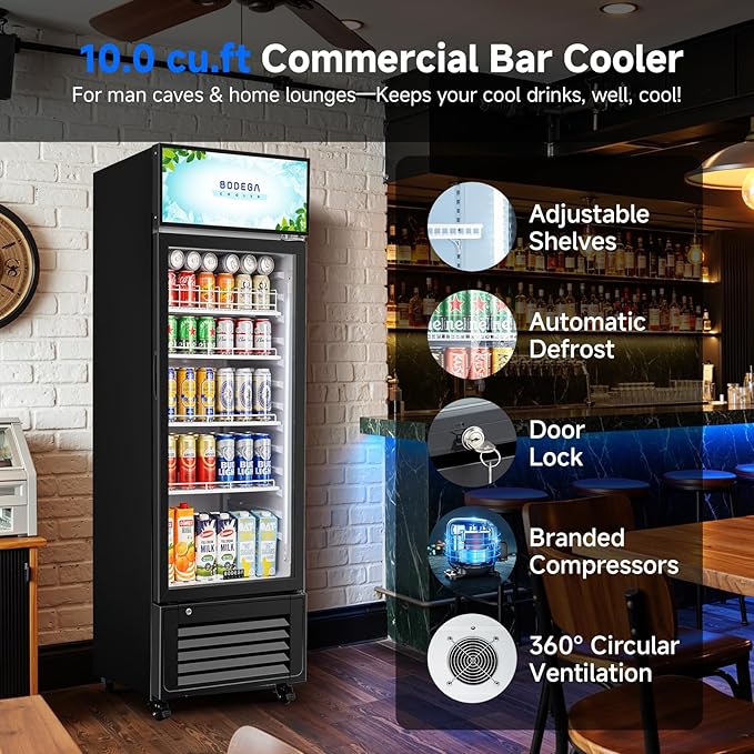 BODEGACOOLER Beverage Refrigerator and Cooler, 10.0 Cu. Ft Commercial Refrigerators For Man Cave, Display Refrigerator with Soft LED Light. 4 Shelves Merchandiser Refrigerators as Black Bar Cooler.