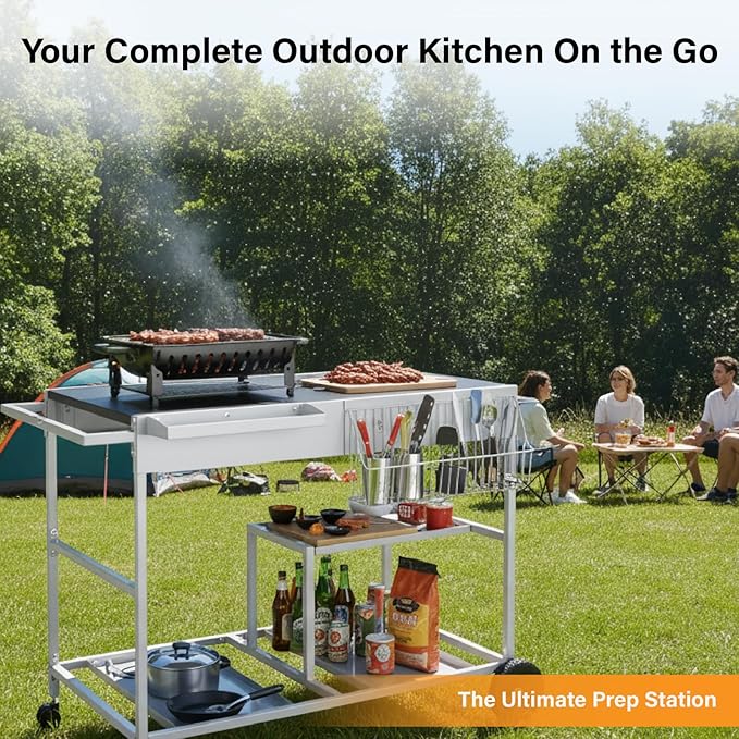ROVSUN Pizza Oven Grill Table Cart, Movable Food Prep Cart with Pizza Topping Station, Seasoning Shelf, Gas Bottle Space, Outdoor Table Stand for Griddle, Patio, Home, Parties
